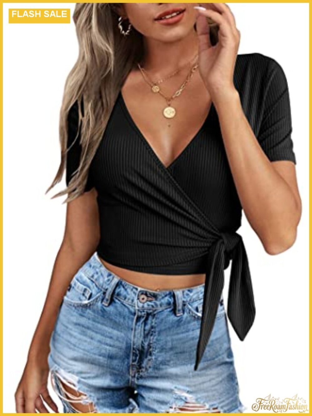 Women's Crop Top Deep V Neck Cross Wrap Tie Up Slim Fit Short Sleeve Summer Tee